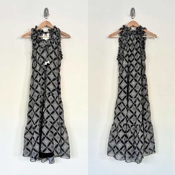 FIGUE Gabriella 100% Silk Diamond Tile Print Ruffle Midi Dress in Black - Picture 3 of 8